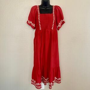 Old Navy Smocked Embroidered Maxi Dress Womens Sz Medium Square Neck Boho Floral